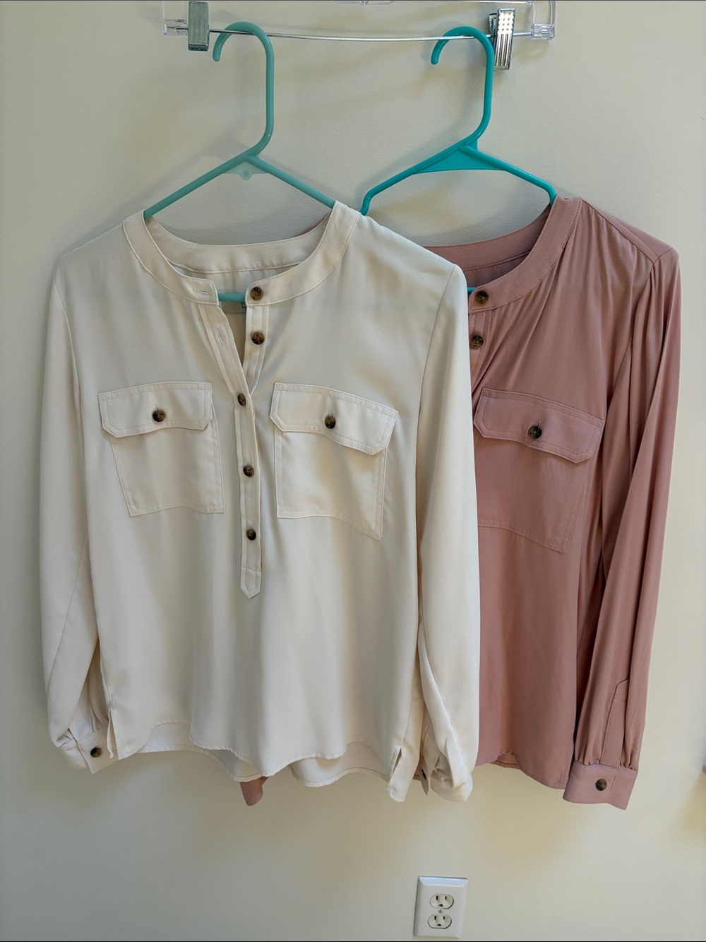 LOFT Button-Front Long Sleeve Blouses- Cream and Dusty Rose
